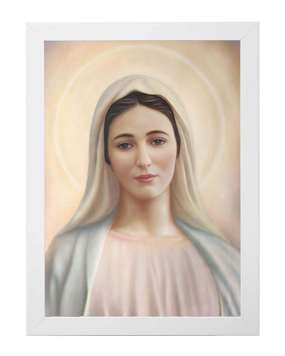 Obraz w rozmiarze 50x70 cm oprawiony w ramę E w kolorze białym. Szerokość ramy ok. 4,5 cm.