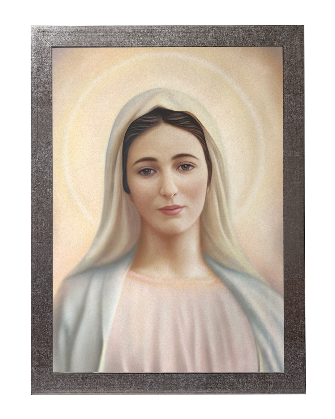 Obraz w rozmiarze 50x70 cm oprawiony w ramę E w kolorze srebrnym. Szerokość ramy ok. 4,5 cm.