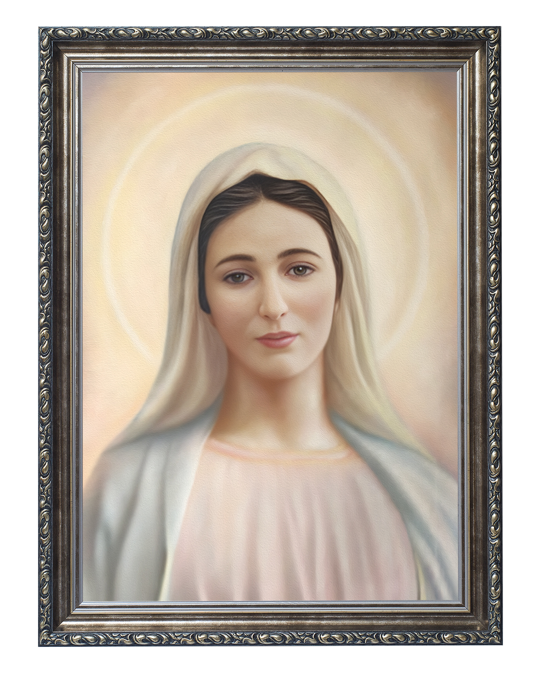 Obraz w rozmiarze 50x70 cm oprawiony w ramę G w kolorze srebrnym. Szerokość ramy około 6 cm.
