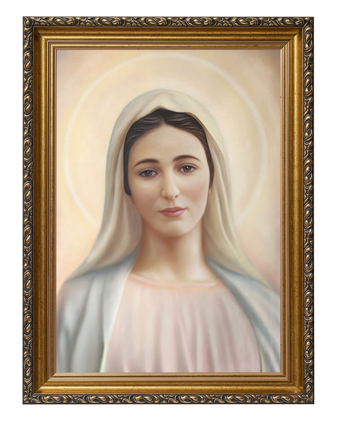 Obraz w rozmiarze 50x70 cm oprawiony w ramę G w kolorze złotym. Szerokość ramy ok. 6 cm.