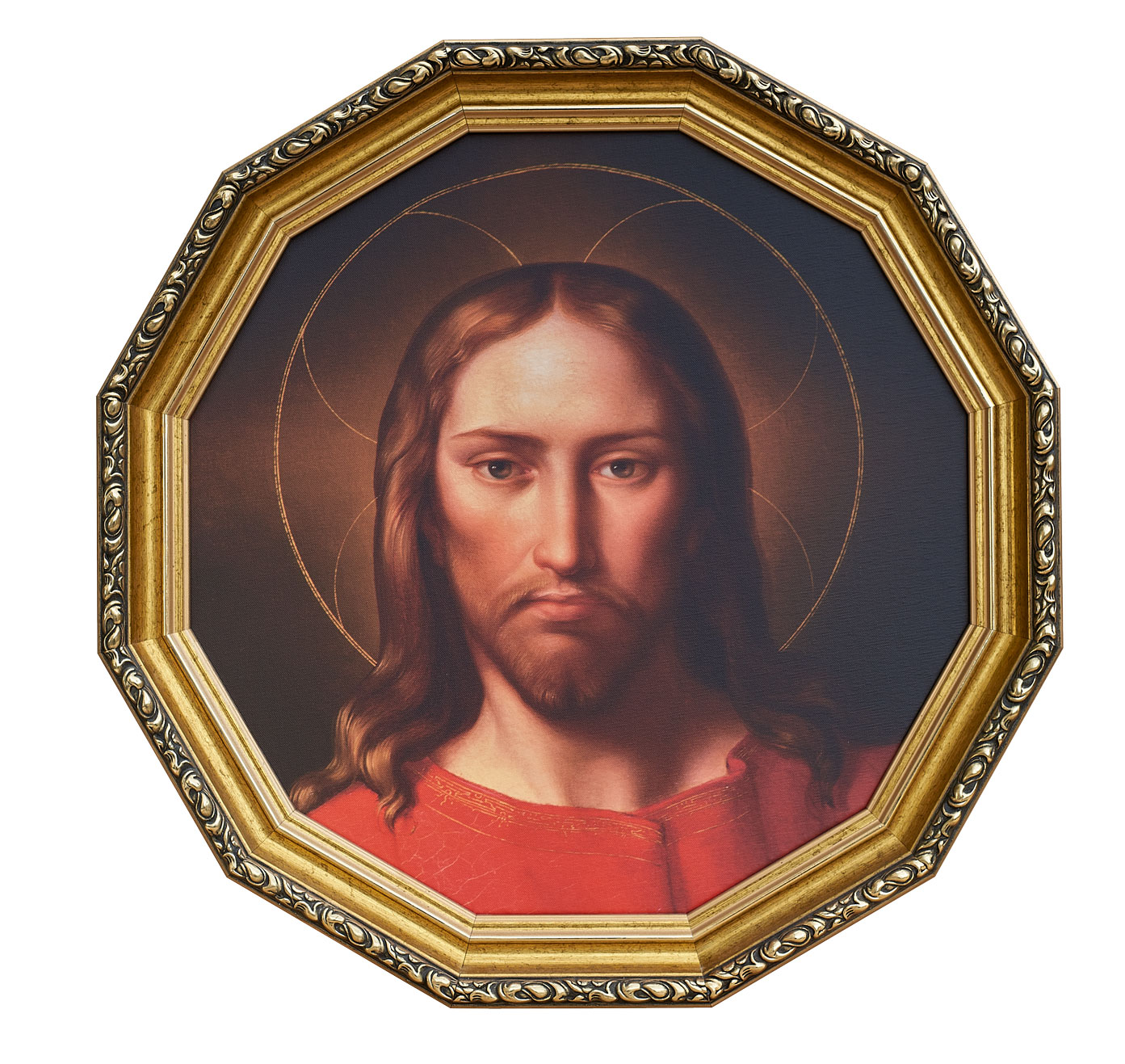 Twarz Jezusa - KOŁO - 62 cm - 09 - Obraz religijny w ramie ozdobnej G złotej